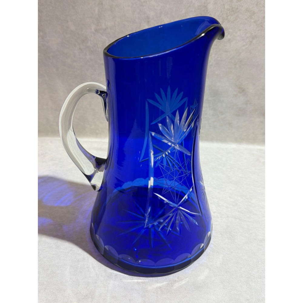 Vintage Bohemian Czech Cobalt Blue Cut to Clear Glass Pitcher and 4 Tumbler Set - Picture 4 of 16
